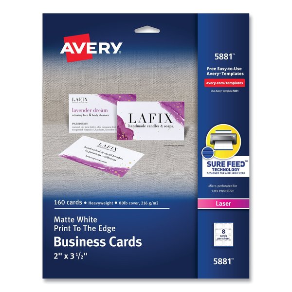 Avery Dennison Laser Color Business Cards, 2x3 1/2, PK160 5881